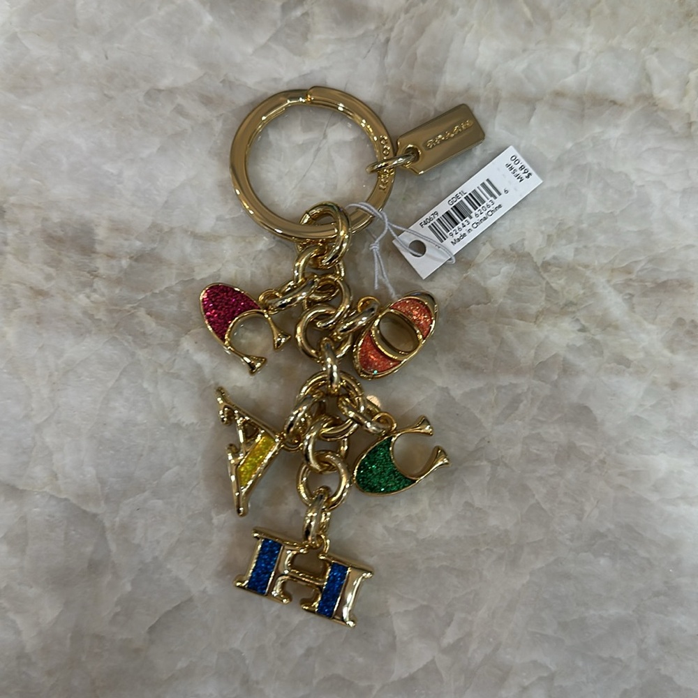Coach Mix Key fob Metal Enamel Glitter Metallic Ring Keychain Bag Charm Gold - Picture 2 of 3